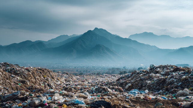 Landfill garbage waste pollution mountain landscape haze environment plastic dump sprawling trash field beneath distant peaks under gray sky, showing environmental damage, urgent need for cleanup