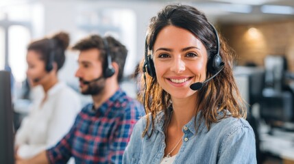 A cheerful customer service representative with a headset works in a lively office. Colleagues are focused on their computers providing support to clients throughout the day.