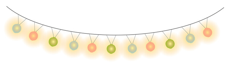 Decorative String Lights with Glowing Bulbs and Lanterns Illustration, Cozy Festive Fairy Light and Lampion Garland, Hanging Vintage Light Bulb and Paper Lantern  - png, isolated, on Transparent Back © Lynn