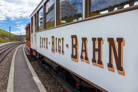 Rigi, Switzerland - July 17, 2025: The Arth-Rigi Bahn - ARB - is a historic cogwheel railway in Switzerland that connects the town of Arth with Rigi Kulm, the summit of Mount Rigi.