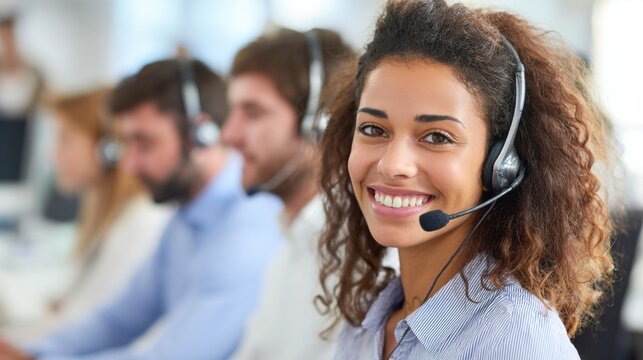 A young woman with curly hair and a headset smiles while assisting customers in a call center. Other team members are focused on their tasks creating a busy atmosphere.