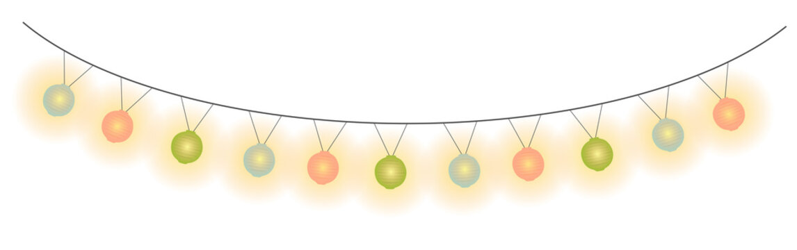 Decorative String Lights with Glowing Bulbs and Lanterns Illustration, Cozy Festive Fairy Light and Lampion Garland, Hanging Vintage Light Bulb and Paper Lantern  - png, isolated, on Transparent Back