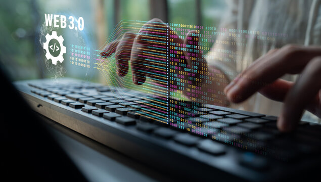 The concept of Web 3.0 development and decentralized data processing. The flow of binary code and information in the next generation internet. Motif