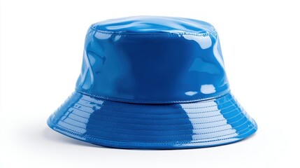 Fototapeta premium A bright blue bucket hat sits on a simple background highlighting its glossy texture and stylish appearance. This trendy accessory adds color to any outfit.