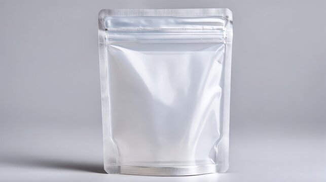 A clear mylar bag stands upright against a neutral background. This versatile packaging can be used for food items herbs or crafts. It is ideal for storage and presentation.