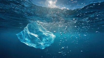 Fototapeta premium An iceberg drifts peacefully underwater surrounded by bubbles rising toward the surface. Sunlight breaks through the water creating a calming atmosphere.