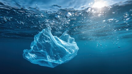 Obraz premium A transparent plastic bag drifts beneath the surface of the ocean. Sunlight filters through the water highlighting the bags shape against the blue backdrop.