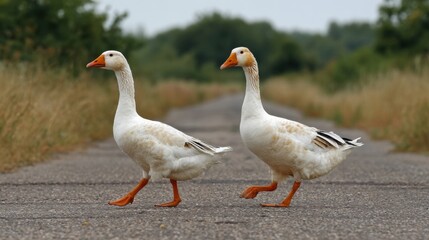 Two white geese walk confidently along a rural road flanked by grassy fields and trees under a cloudy sky. Their vibrant orange beaks stand out against the muted background.
