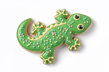 Obraz premium Gecko lizard shaped iced cookie on white background with colorful sprinkles, playful reptile animal treat for kids baking theme