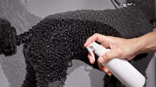 Professional pet grooming concept shows handler using aerosol product on black poodle, preparing coat for brushing and reducing shedding in clean studio environment.