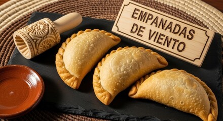 Naklejka premium Traditional Ecuadorian Empanadas de Viento with Sugar Dusting on Black Slate and Otavalo Mat
