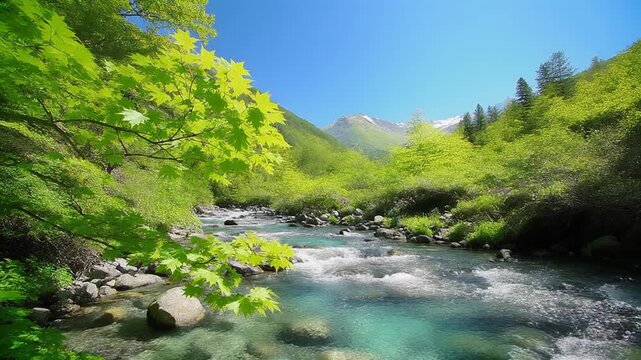渓流　新緑　もみじ　生成AI