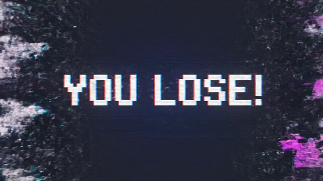 Pixelated YOU LOSE Text with VHS Glitch and Data Error Effects