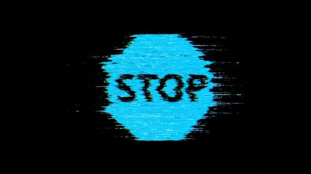 Rotating bright blue stop sign with dark text on a solid color field