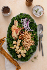 Healthy kale salad with apples, beans and croutons overhead