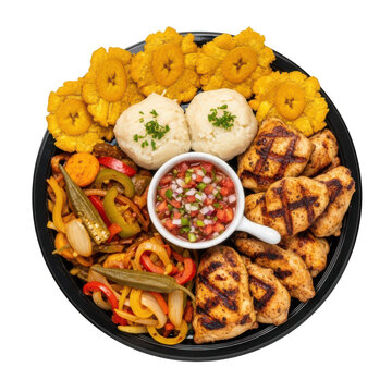 Grilled chicken fajita platter with plantains and mofongo isolated on transparent background, isolated on white background