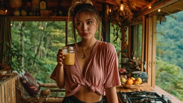 Indonesian Woman Drinking Smoothie Inside Cozy Tiny House