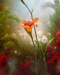 Lily in fantasy tropical jungle garden, large flower and greenery in misty fairy tale rainforest, plants on magical nature background with gleam of sky, dreamy atmosphere.