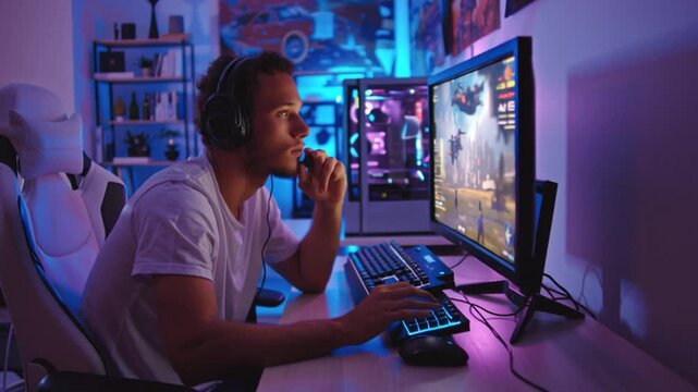 Young Gamer Playing Online Shooter Game at Neon Desk Setup