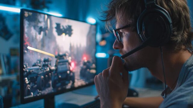 Young Gamer Playing Online Shooter Game at Neon Desk Setup