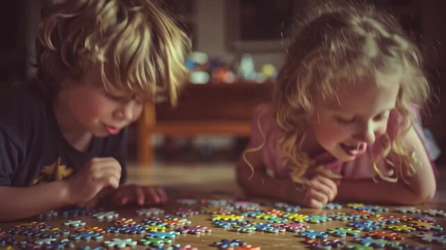Children Playing Puzzle Game Together at Home