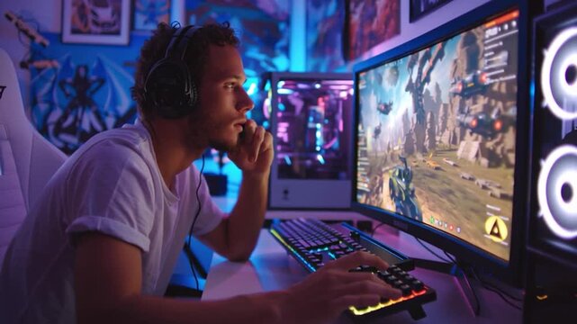 Young Gamer Playing Online Shooter Game at Neon Desk Setup