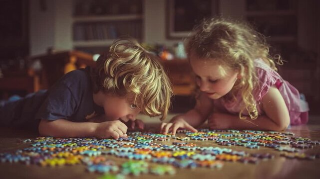 Children Playing Puzzle Game Together at Home