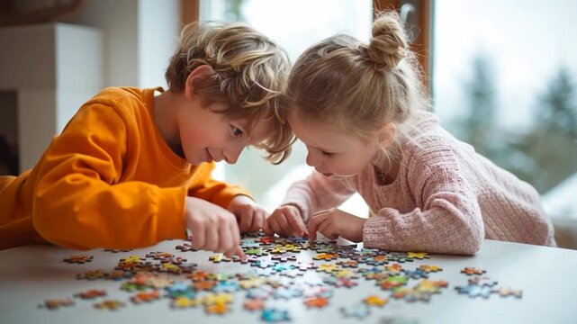 Children Playing Puzzle Game Together at Home