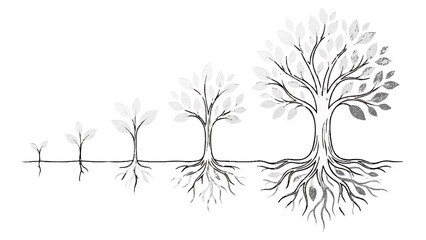 繊細な線画とテクスチャで描かれた、種から大樹への成長プロセスです。きらきらと輝く葉や根が、着実な進歩と将来の繁栄を象徴しています。ビジネスの成功や資産形成、人生の発展を表現する資料に、上品な希望のイメージを添えます。