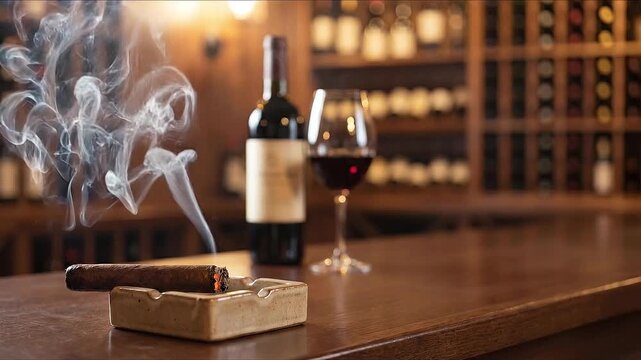 A relaxed evening with wine, a cigar, and a cozy atmosphere. The scene features a glass of wine, a bottle, an ashtray, and a lit cigar