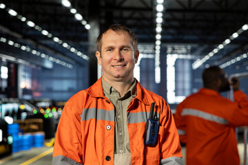 Portrait of technician oversees metal fabrication during production in workshop, highlighting heavy...