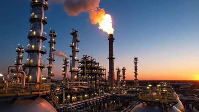 Oil Refinery with Flare Stack at Dusk, energy industry concept
