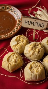 Traditional Ecuadorian Humitas Steamed Corn Cakes in Husks on Red Sanjuanero Fabric