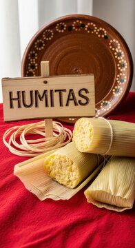 Traditional Ecuadorian Humitas Steamed Corn Cakes in Husks on Red Sanjuanero Fabric