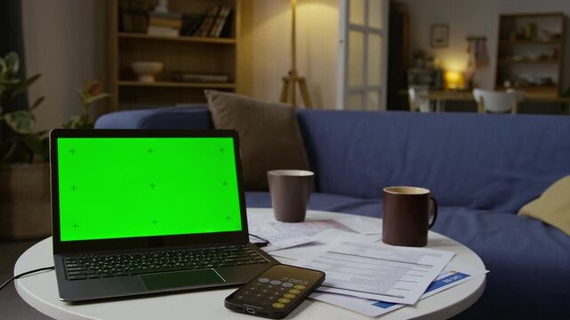 Close up shot of open laptop with green chromakey screen on coffee table with scattered financial documents in home setting, copy space