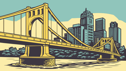 Fototapeta premium Pittsburgh skyline with a golden bridge over water and city buildings. Suitable for travel, cityscape, architecture, and urban themes.