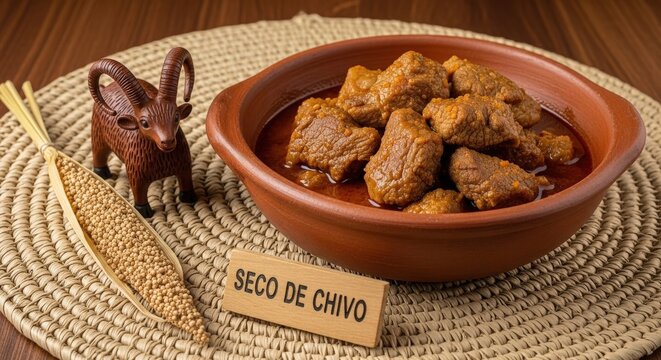 Traditional Ecuadorian Seco de Chivo Goat Stew in Naranjilla Sauce with Otavalo Mat
