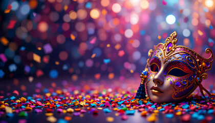 Abstract Carnival background with colorful confetti and masks