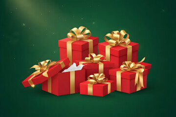 Obraz premium Red gift boxes with golden bows on green festive background
