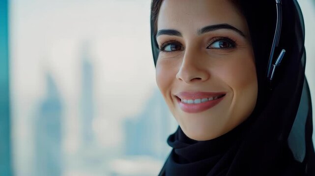 Harmony in Modesty: A graceful woman, adorned in a modest head covering, emanates warmth and confidence, her gaze reflecting inner serenity against the backdrop of an urban landscape.