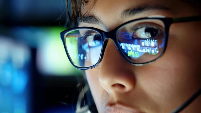Concentration and Focus: A close-up view of a focused individual wearing eyeglasses, deeply engrossed in their work environment with data reflecting in the lenses.
