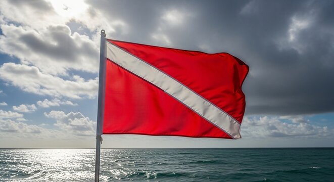Dive Flag Waving Above Ocean Water With Dramatic Sky, Strong Contrast, Outdoor Marine Safety Concept