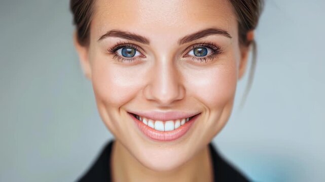 Radiant Smile Portrait: Captivating closeup of a woman's serene face, exuding positivity with a genuine, captivating smile.
