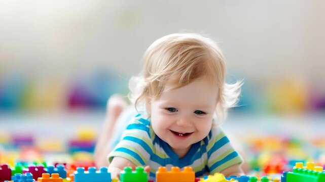 Playful Moments: A radiant toddler, engulfed in a world of colorful building blocks, beams with joy, surrounded by a rainbow of vibrant shapes and patterns.