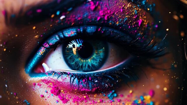 Chromatic Gaze: A mesmerizing close-up of a human eye adorned with vibrant pigments, its depths reflecting a kaleidoscope of colors.