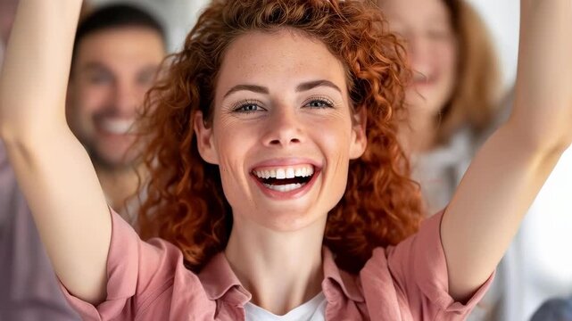 Joyful Victory: Capturing the elation and exhilaration of a woman amidst a spirited group celebrating a milestone or achievement, her arms raised in triumph.