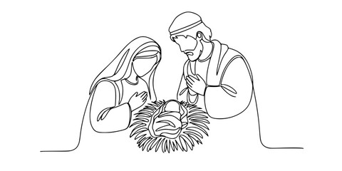 Fototapeta premium A Christmas nativity scene with Mary, Joseph, and baby Jesus. Continuous line drawing. Vector illustration. 