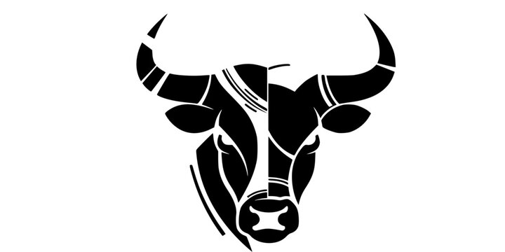Bull head icon. Silhouette of a bull, cow or buffalo head with horns: black silhouette and outline lines.