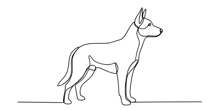 Continuous one line drawing of a dog standing in profile. Editable black stroke on a white background. Vector illustration.
