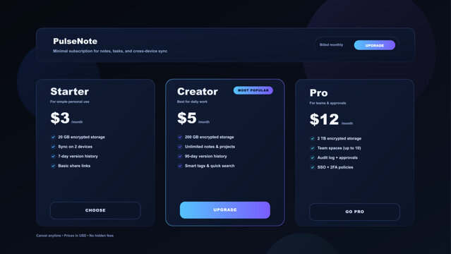 Pricing Plans UI, UX, Kit. Concept with Subscription Cards in Dark Mode. Modern subscription pricing UI, UX interface, table concept in dark mode. Three plan cards with monthly pricing. Vector set